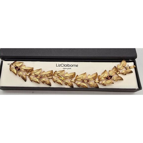 VTG Liz Claiborne Gold Tone Leaf Link Bracelet With Colored Stones - Picture 1 of 3